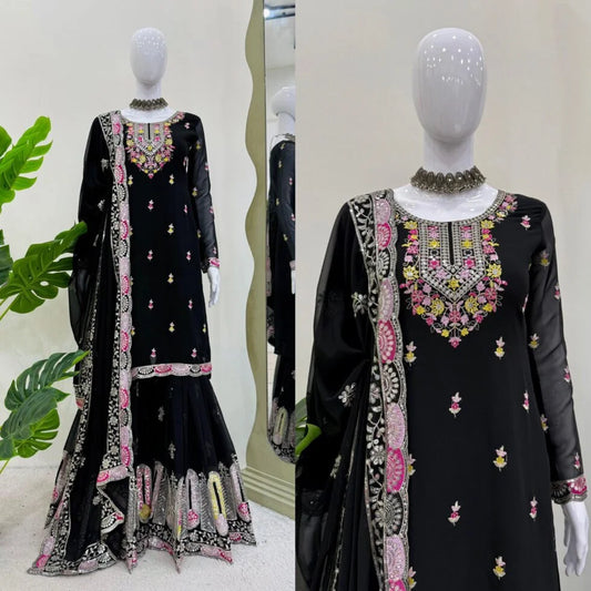Georgette Ready to Wear Black Sharara for Women – Ethnic Thread & Sequins Work