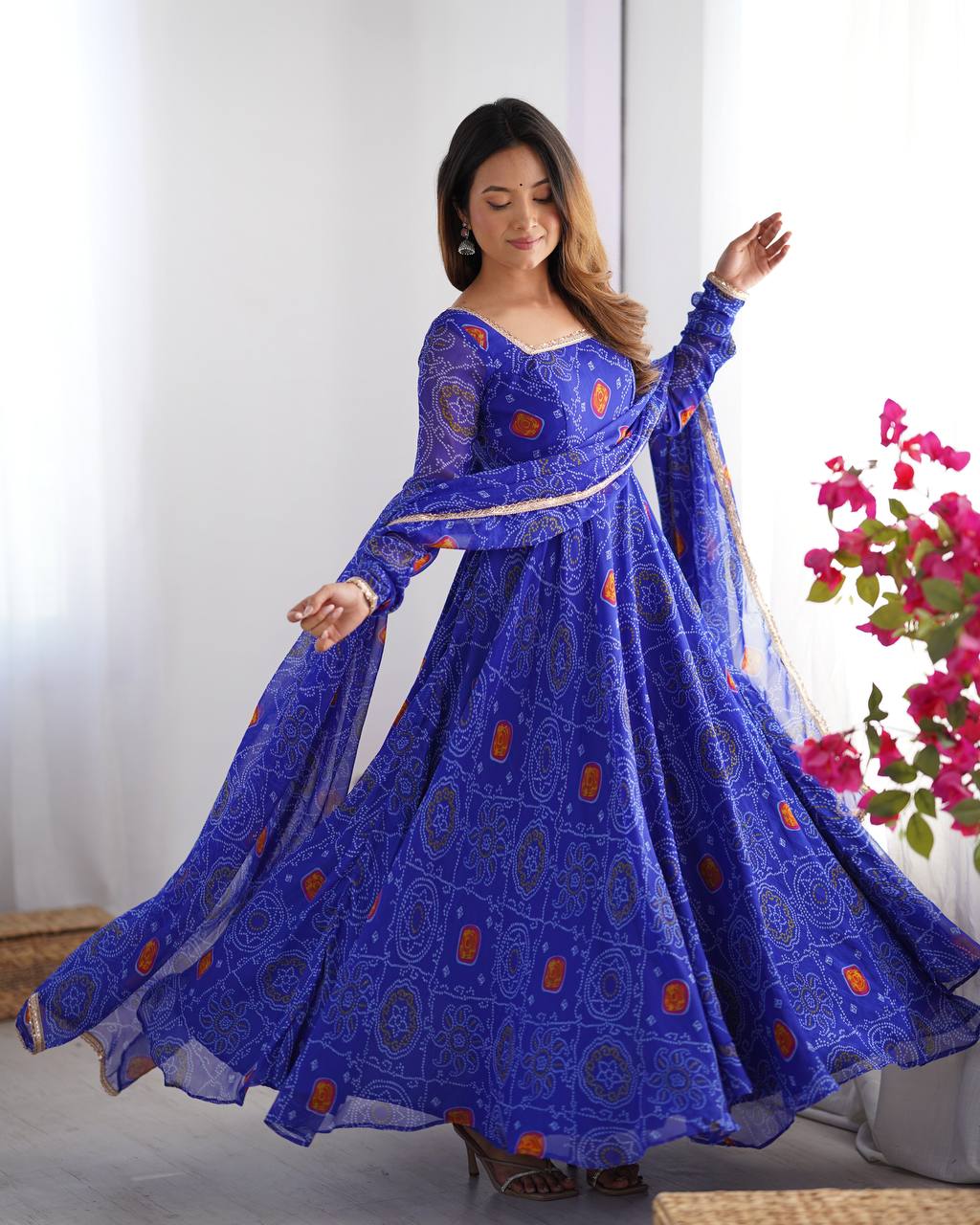 Royal Blue Color Bandhej Print Soft Chiffon Anarkali Gown