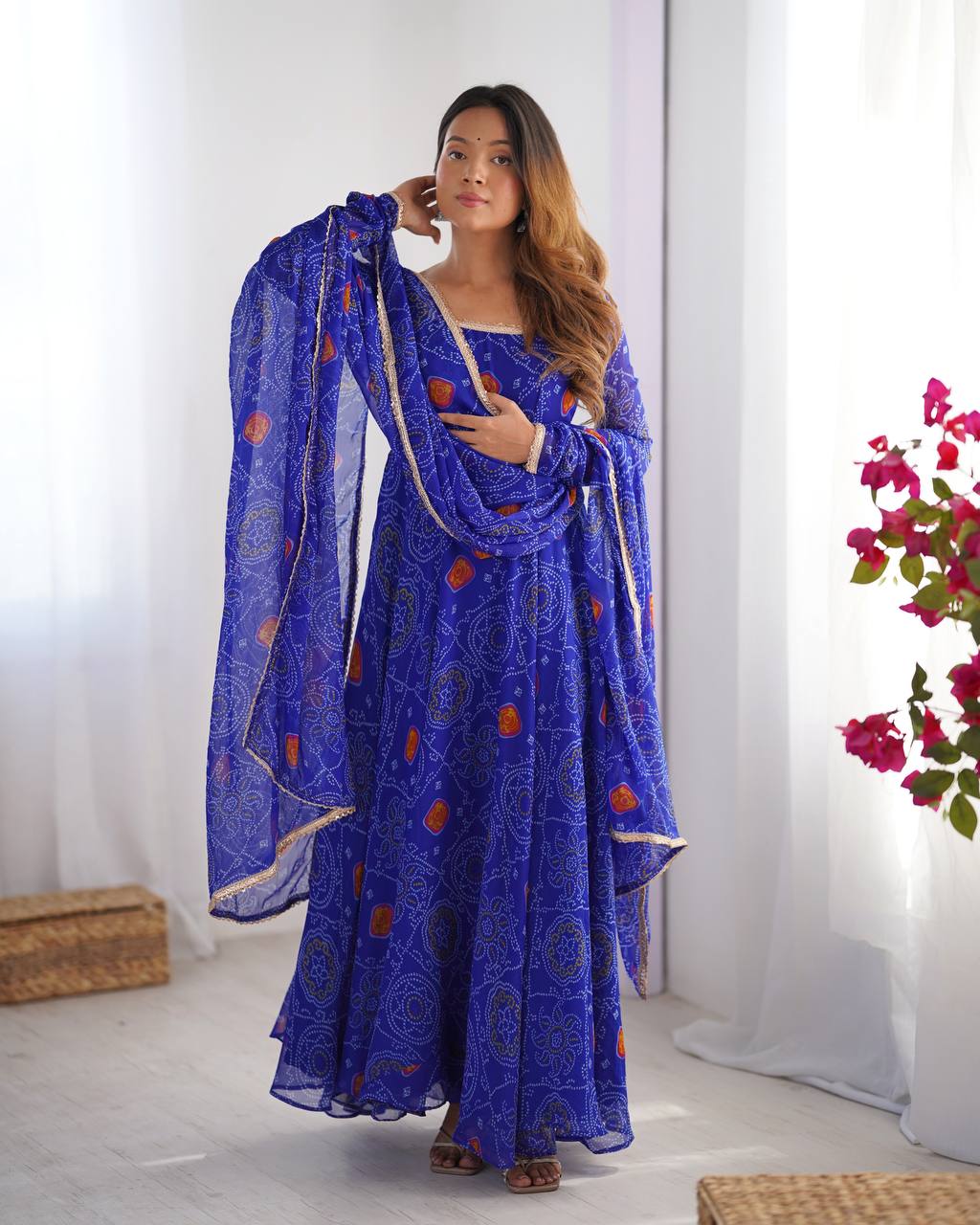 Royal Blue Color Bandhej Print Soft Chiffon Anarkali Gown
