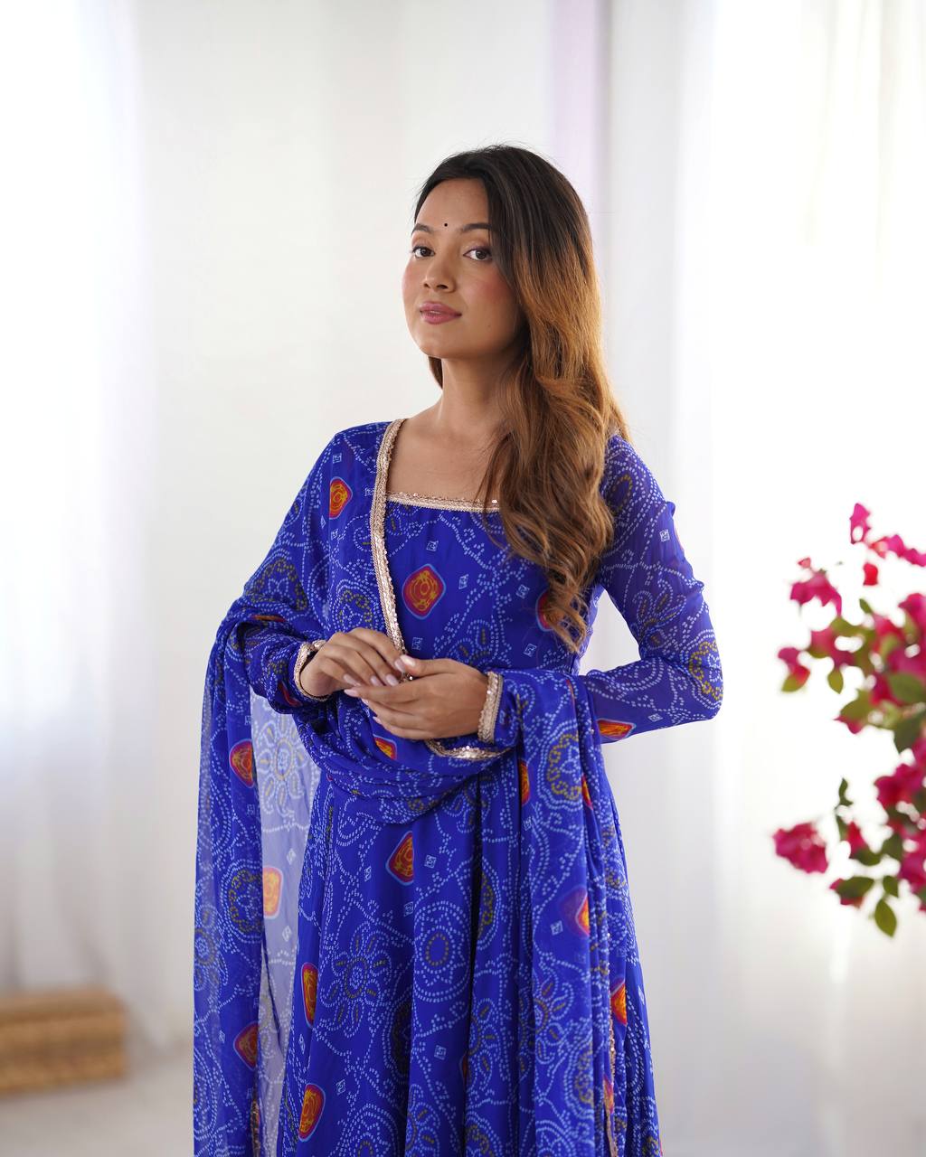 Royal Blue Color Bandhej Print Soft Chiffon Anarkali Gown
