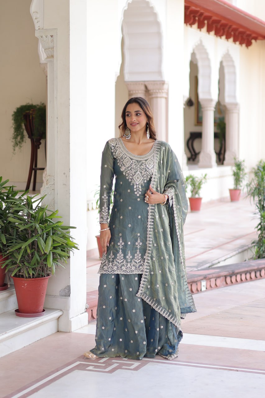Graceful Teal Sharara Suit with Heavy Embroidery