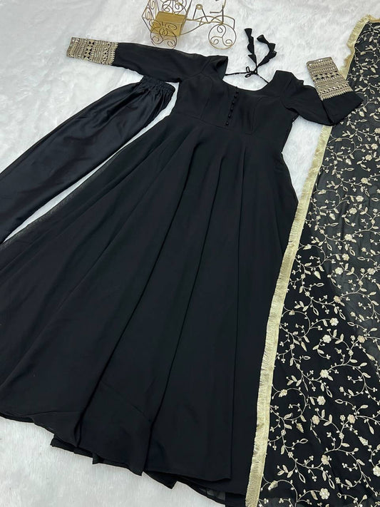 Fashionable Black Color Pure Soft Faux Georgette Anarkali Suit