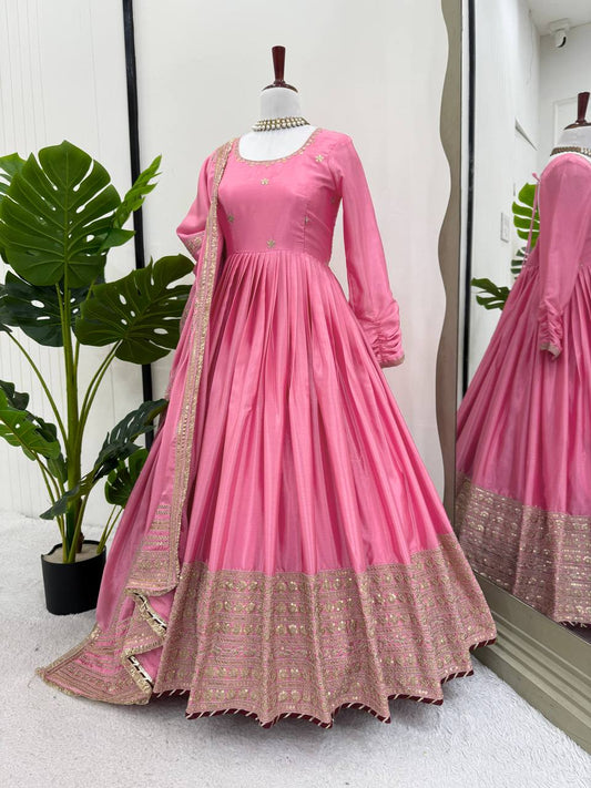 Light Pink Color Gown in Chinon Silk With Sequence Embroidery and Dupatta