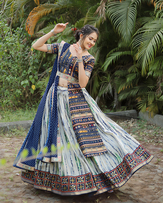 Designer Blue-Off White Color Cotton Printed Lehenga Choli