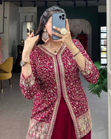 Rani Pink Color Embroidery Work Georgette Plazo Suit