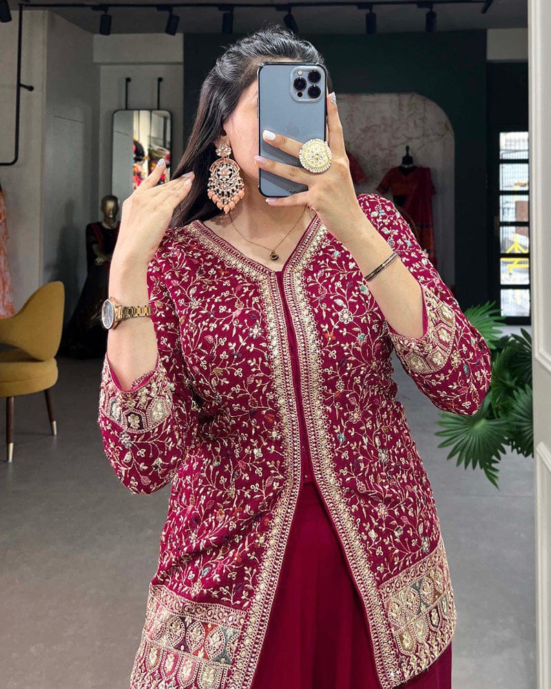 Rani Pink Color Embroidery Work Georgette Plazo Suit