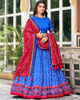 Royal Blue Color Tussar Silk laheriya Printed Navratri Lehenga Choli