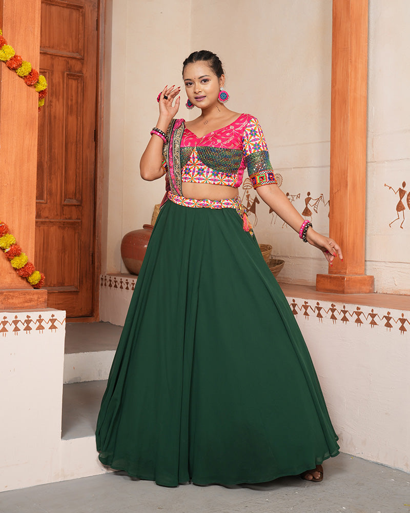 Designer Embroidered Green Color Georgette Navratri Lehenga Choli