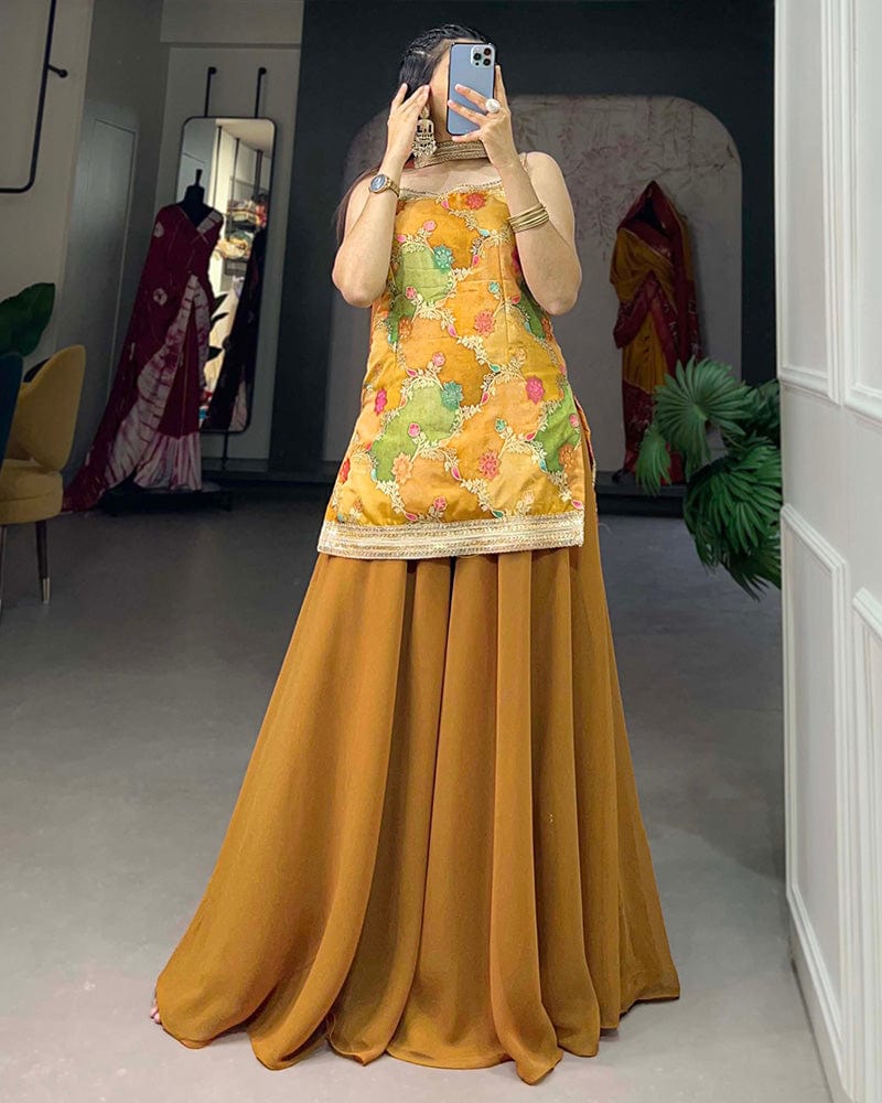 Mustard Color Jacquard Weaving Work Plazo Suit