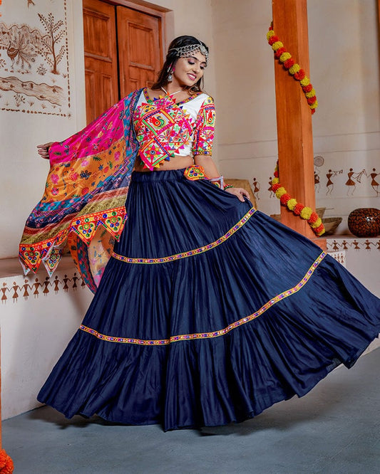 Royal Blue Color Real Mirror Work Rayon Navratri Lehenga Choli
