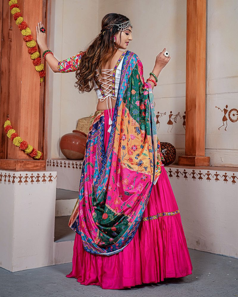 Rani Pink Color Real Mirror Work Rayon Navratri Lehenga Choli