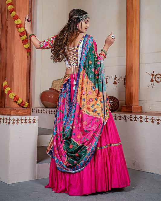 Rani Pink Color Real Mirror Work Rayon Navratri Lehenga Choli