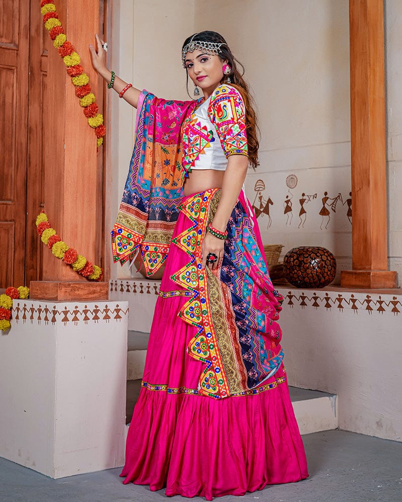 Rani Pink Color Real Mirror Work Rayon Navratri Lehenga Choli