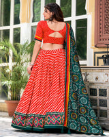 Red Color Tussar Silk laheriya Printed Navratri Lehenga Choli