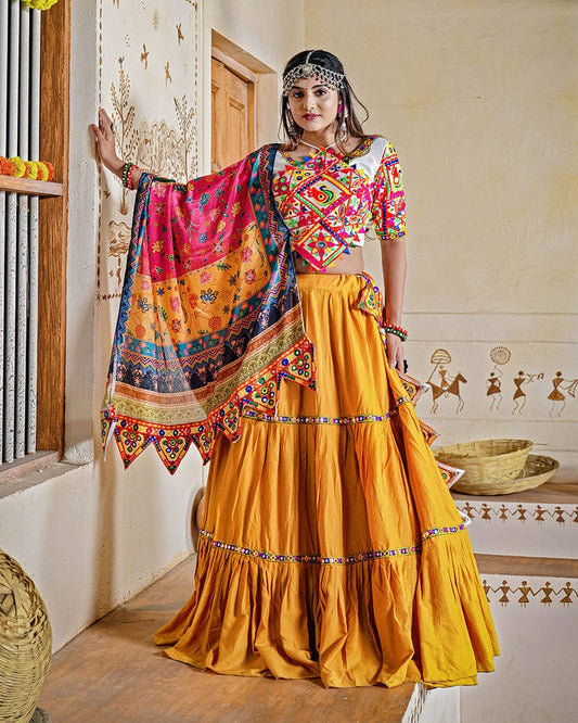 Mustard Yellow Color Real Mirror Work Rayon Navratri Lehenga Choli