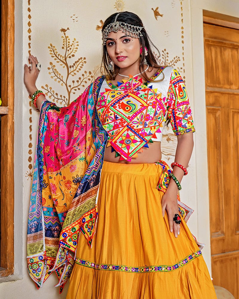 Mustard Yellow Color Real Mirror Work Rayon Navratri Lehenga Choli