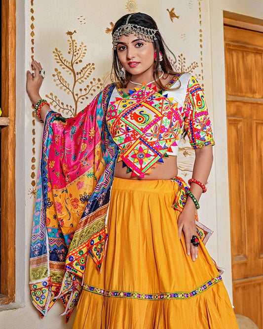 Mustard Yellow Color Real Mirror Work Rayon Navratri Lehenga Choli