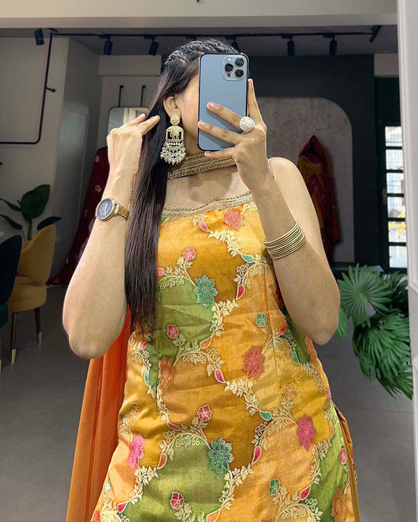 Mustard Color Jacquard Weaving Work Plazo Suit