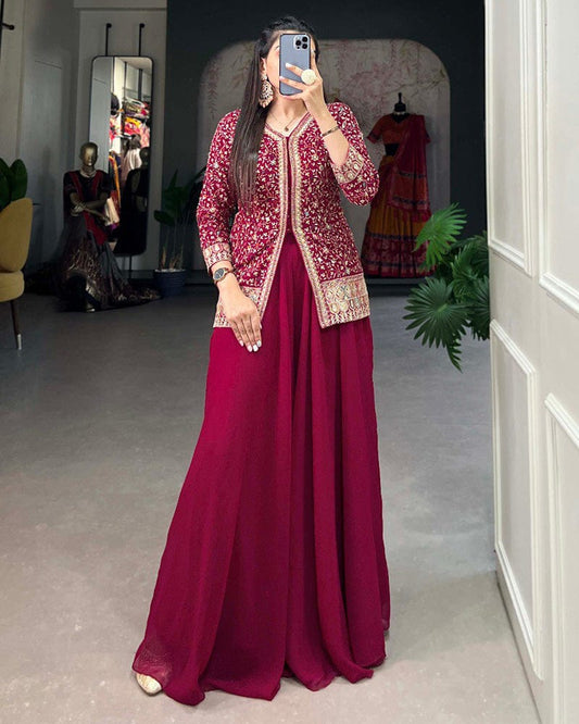 Rani Pink Color Embroidery Work Georgette Plazo Suit