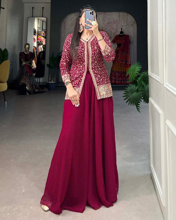 Rani Pink Color Embroidery Work Georgette Plazo Suit