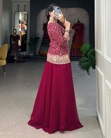 Rani Pink Color Embroidery Work Georgette Plazo Suit