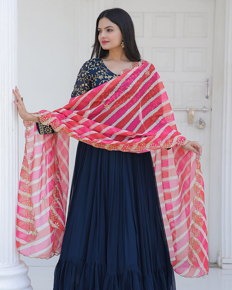 Rama Color Designer Embroidered Gown With Leheriya Dupatta