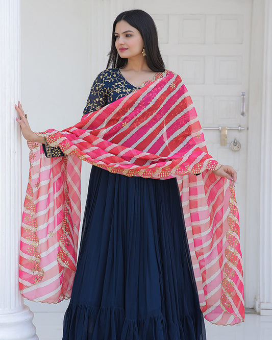 Rama Color Designer Embroidered Gown With Leheriya Dupatta