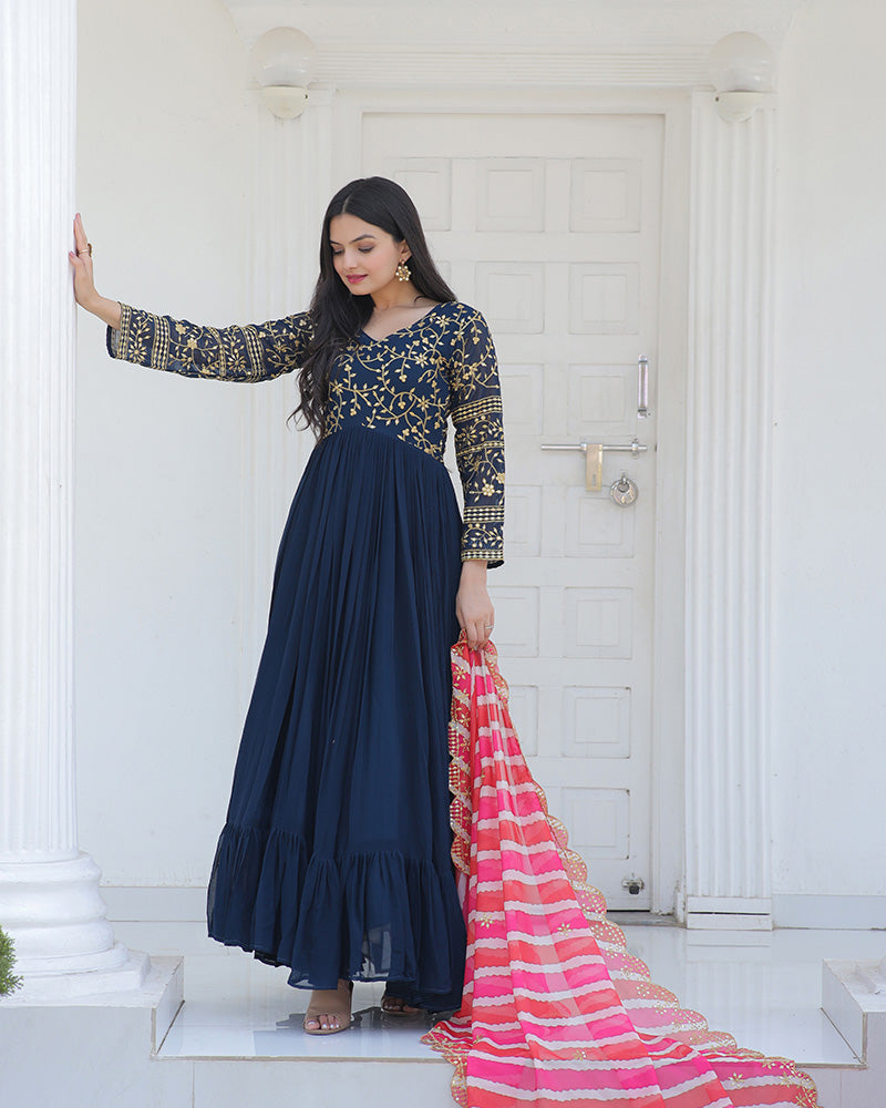 Rama Color Designer Embroidered Gown With Leheriya Dupatta