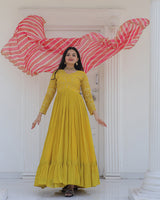 Yellow Color Designer Embroidered Gown With Leheriya Dupatta