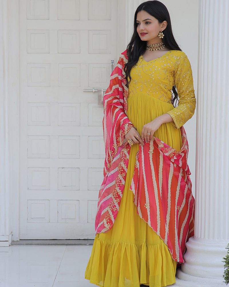 Yellow Color Designer Embroidered Gown With Leheriya Dupatta