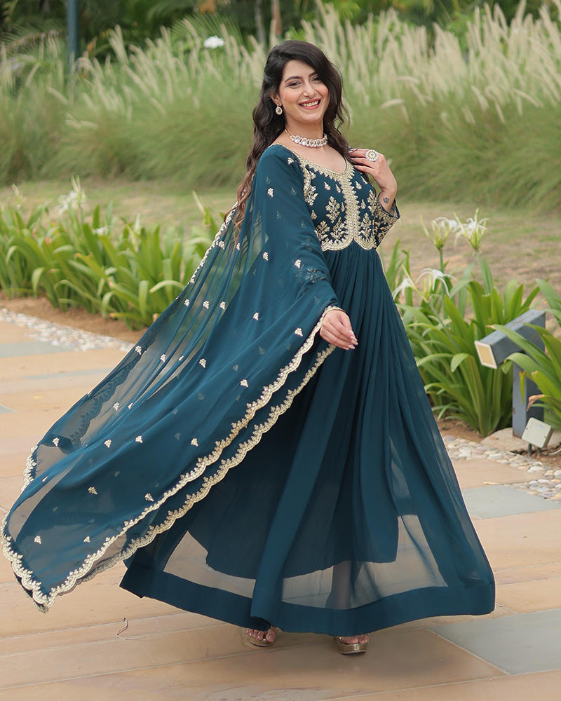 Rama Color Faux Blooming Multi Embroidered Work Gown