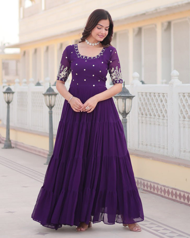 Purple Color Four Layer Georgette Embroidered Gown