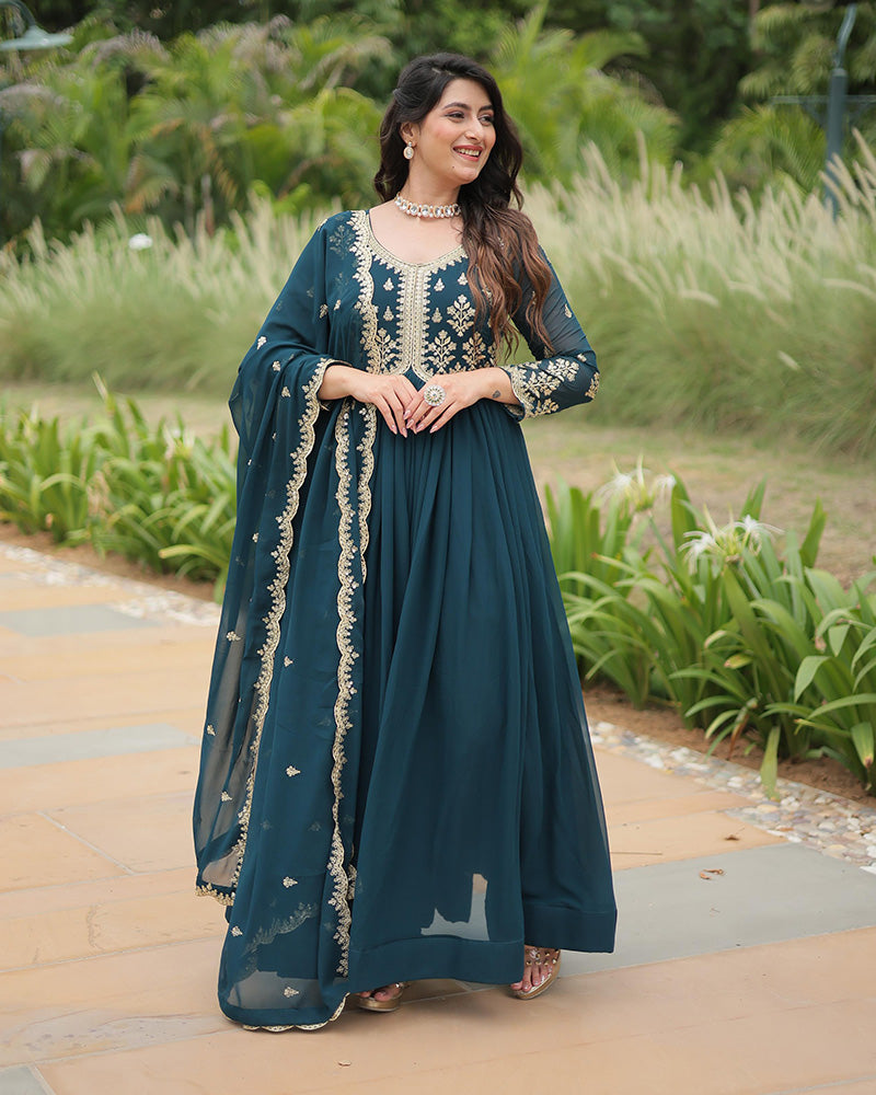 Rama Color Faux Blooming Multi Embroidered Work Gown