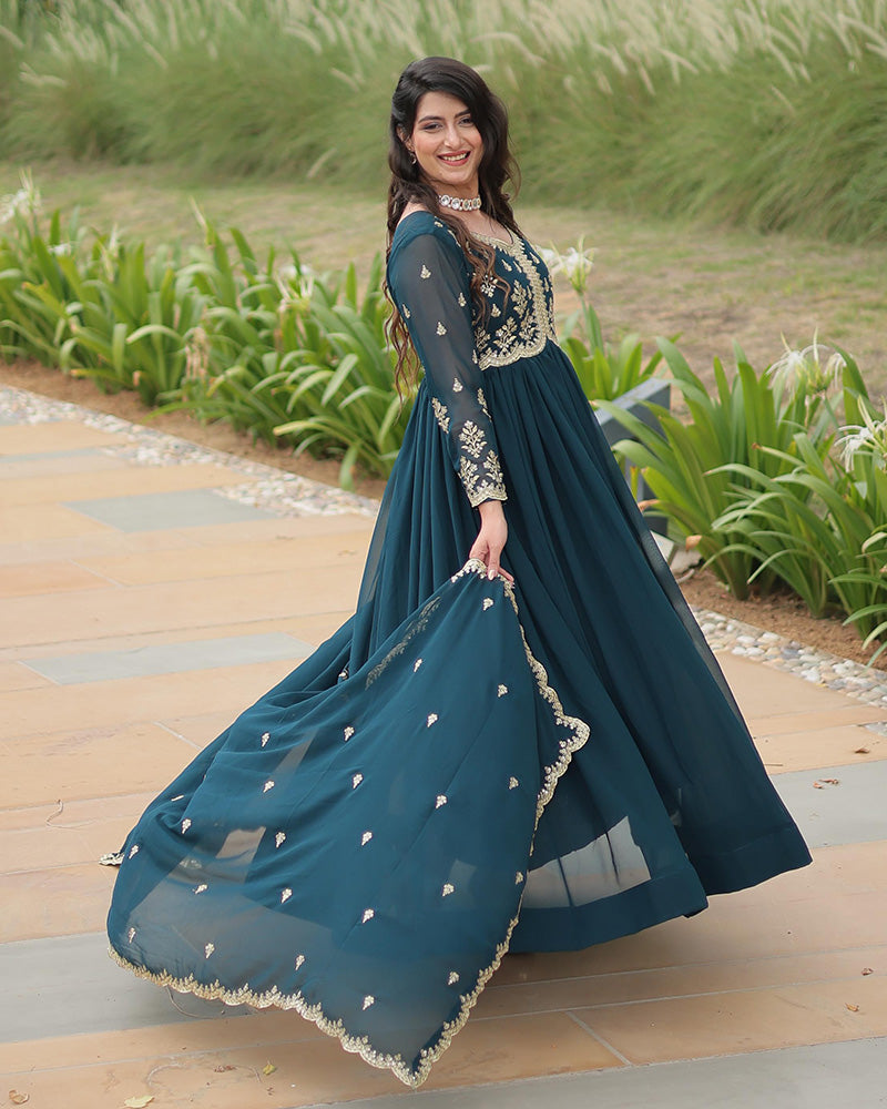 Rama Color Faux Blooming Multi Embroidered Work Gown