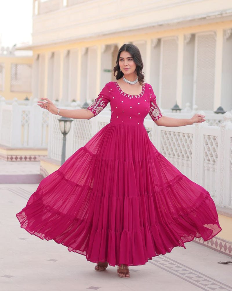 Pink Color Four Layer Georgette Embroidered Gown