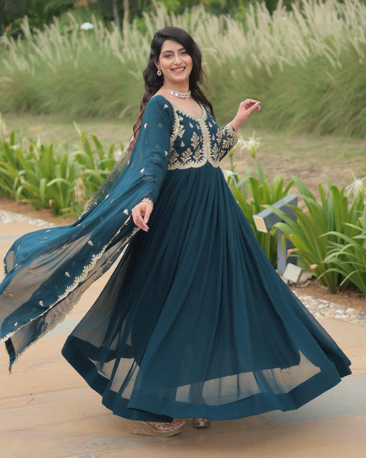 Rama Color Faux Blooming Multi Embroidered Work Gown