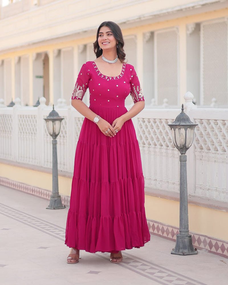 Pink Color Four Layer Georgette Embroidered Gown