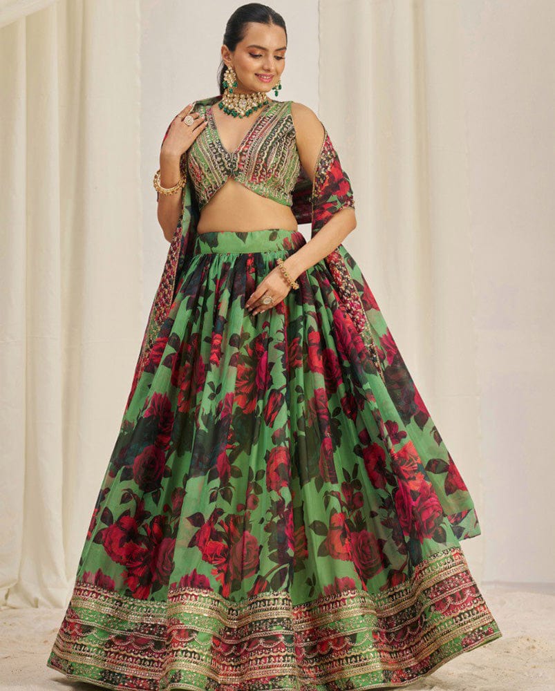 Red And Green Color Floral Printed Organza Lehenga Choli