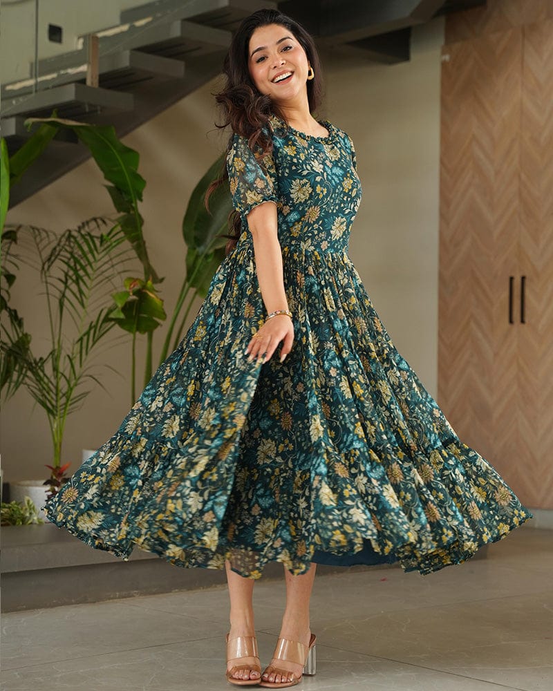 Green Color Georgette Floral Printed Tunic