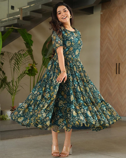 Green Color Georgette Floral Printed Tunic