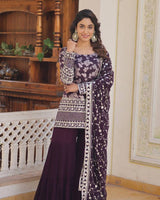 Wine Color Three Piece Gharara Suit