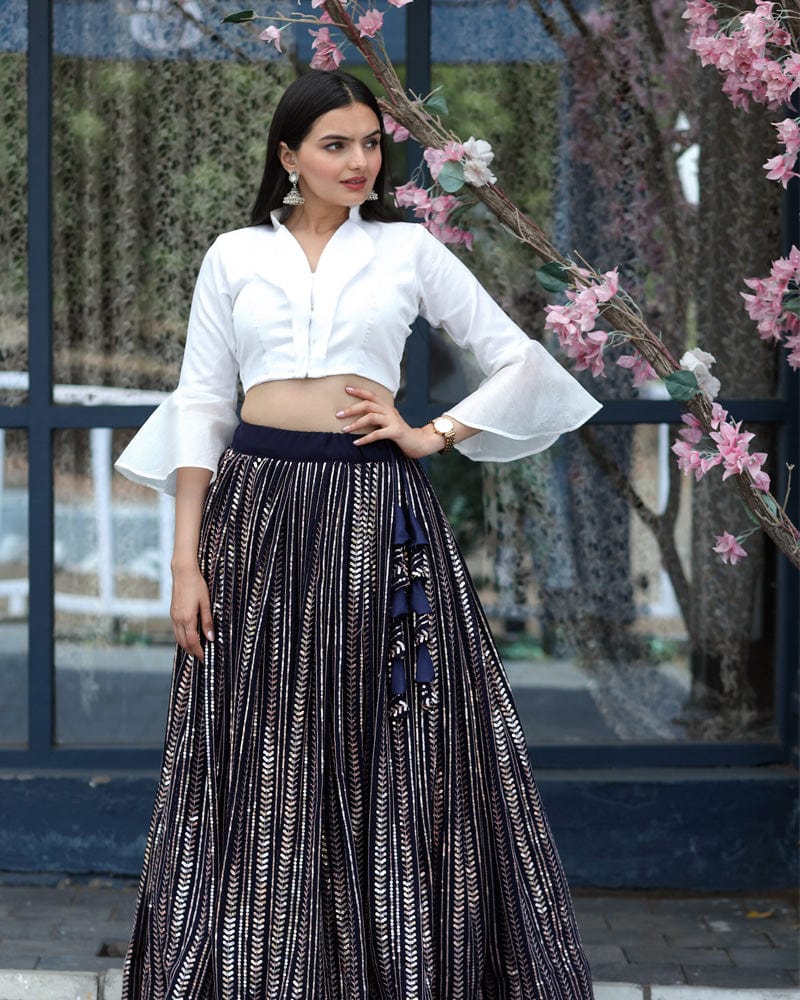 Black And White Designer Ready to Wear Crop Top Lehenga Choli