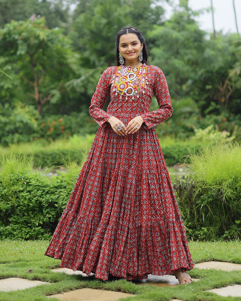 Maroon Color Cotton Gamthi Work Navratri Gown