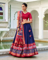 Navy Blue Color Tussar Silk Patola Printed Lehenga Choli