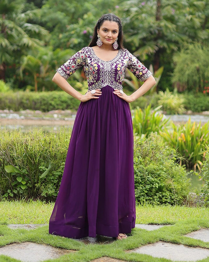 Purple Color Faux Blooming Embroidered Gown
