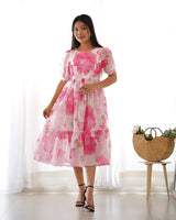 Baby Pink Color Floral Printed Organza Silk Tunic
