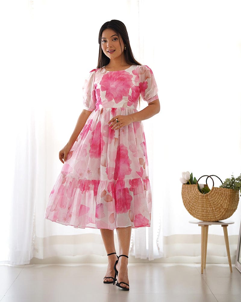 Baby Pink Color Floral Printed Organza Silk Tunic