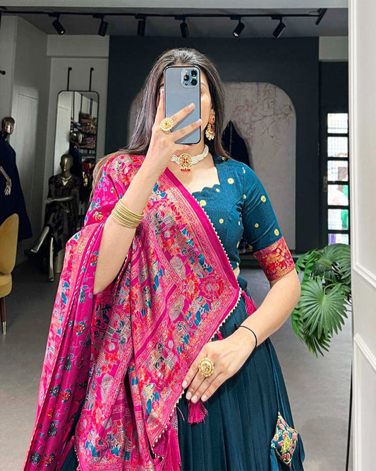 Royal Blue Color Tussar Silk Printed With Foil Work Lehenga Choli