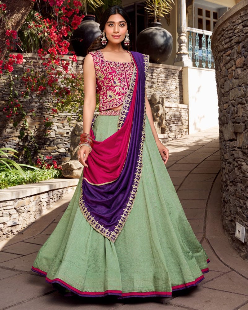 Sea Green Color Vichitra Silk Thread Embroidered Lehenga Choli