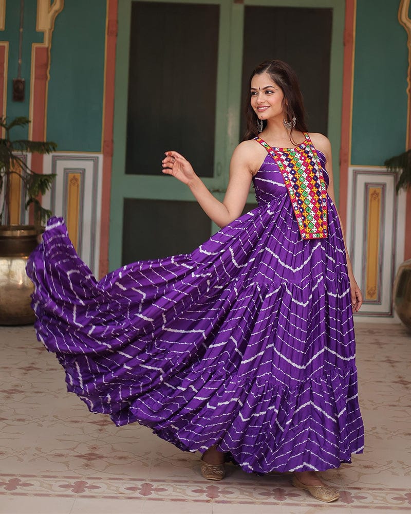 Purple Color Chinon Laheriya Print Navratri Gown